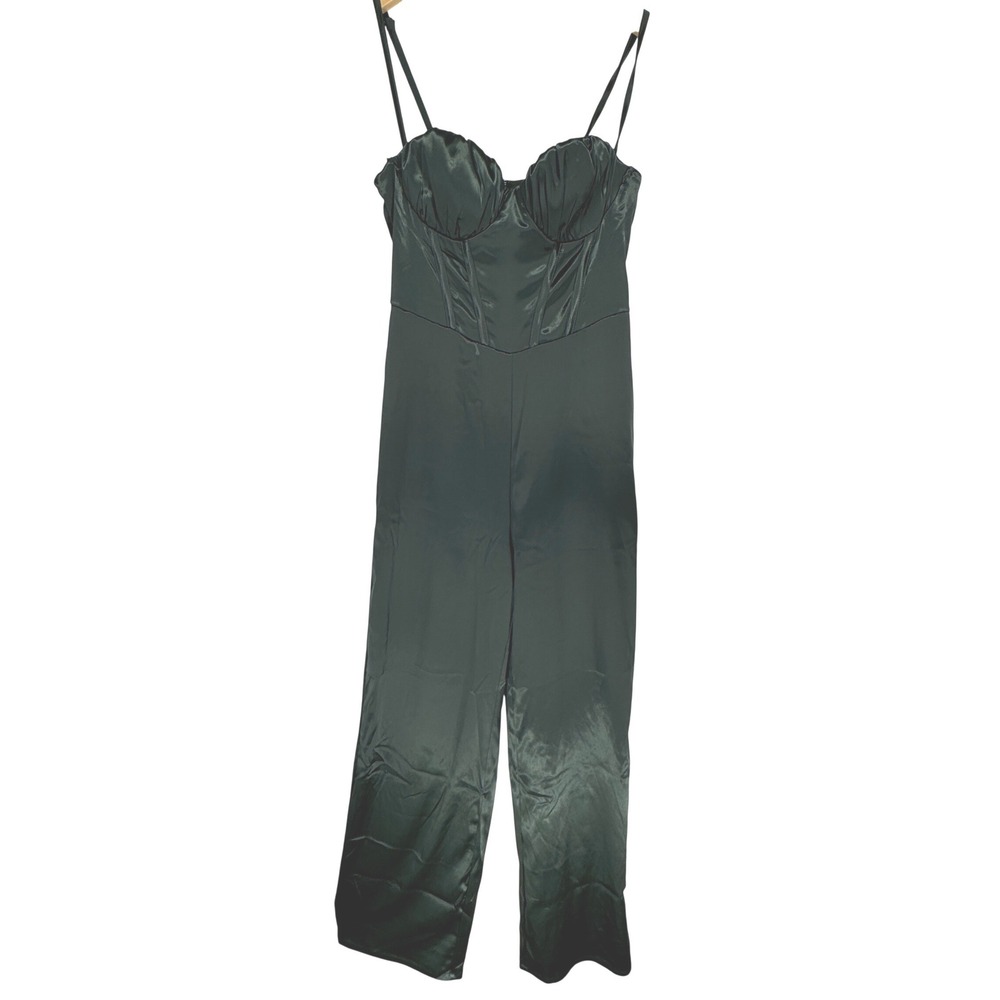 Lulus Dark Green Satin Corset Wide Leg Jumpsuit Small NEW Bustier Boning‎ Goth